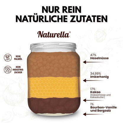 Naturella Nuss-Schoko-Aufstrich mit Imkerhonig gesüßt & echter Bourbon-Vanille verfeinert, Ohne Palmöl und ohne Industriezucker, Allgäuer Wanderimkerei, Zutaten