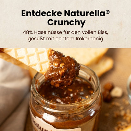 Naturbelassener Naturella Chrunchy Nuss-Schoko-Aufstrich mit echtem Imkerhonig gesüßt von der Allgäuer Wanderimkerei, entdecke Naturella Crunch