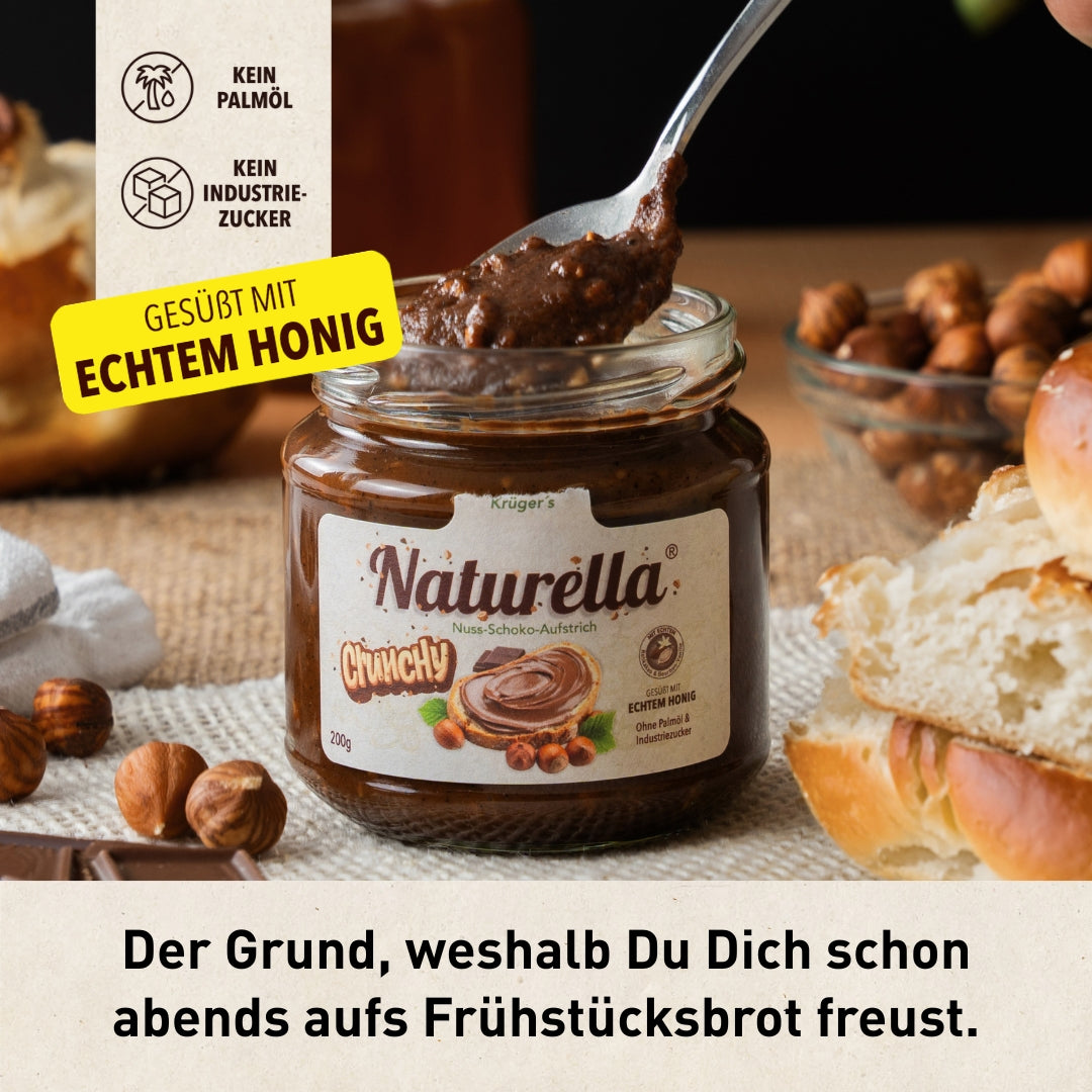 Naturbelassener Naturella Chrunchy Nuss-Schoko-Aufstrich 200g mit echtem Imkerhonig gesüßt von der Allgäuer Wanderimkerei, zum Frühstück