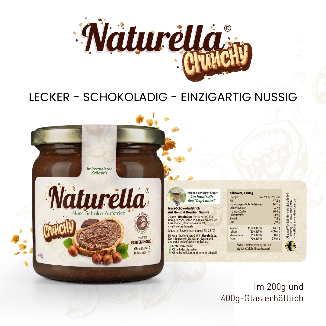 Naturbelassener Naturella Chrunchy Nuss-Schoko-Aufstrich 200g mit echtem Imkerhonig gesüßt von der Allgäuer Wanderimkerei, Nährwerttabelle und Etikett-Rückseite