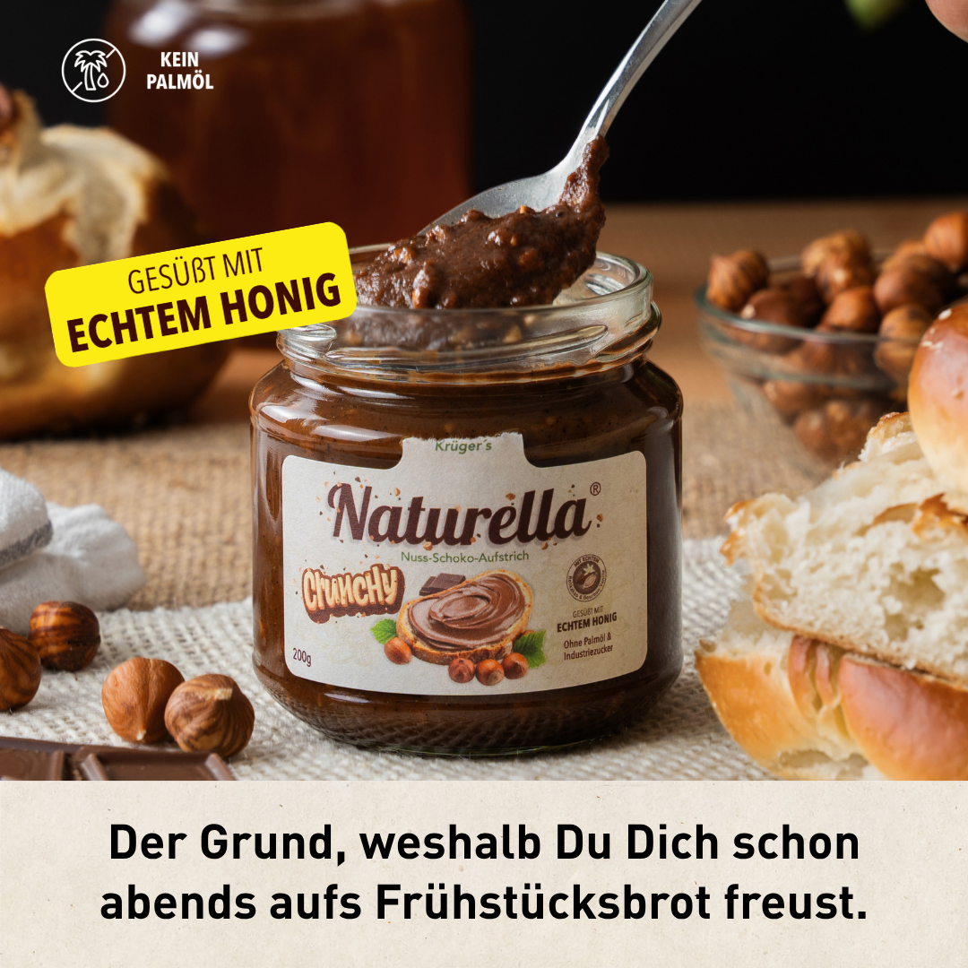 Naturbelassener Naturella Chrunchy Nuss-Schoko-Aufstrich 200g mit echtem Imkerhonig gesüßt von der Allgäuer Wanderimkerei, zum Frühstück