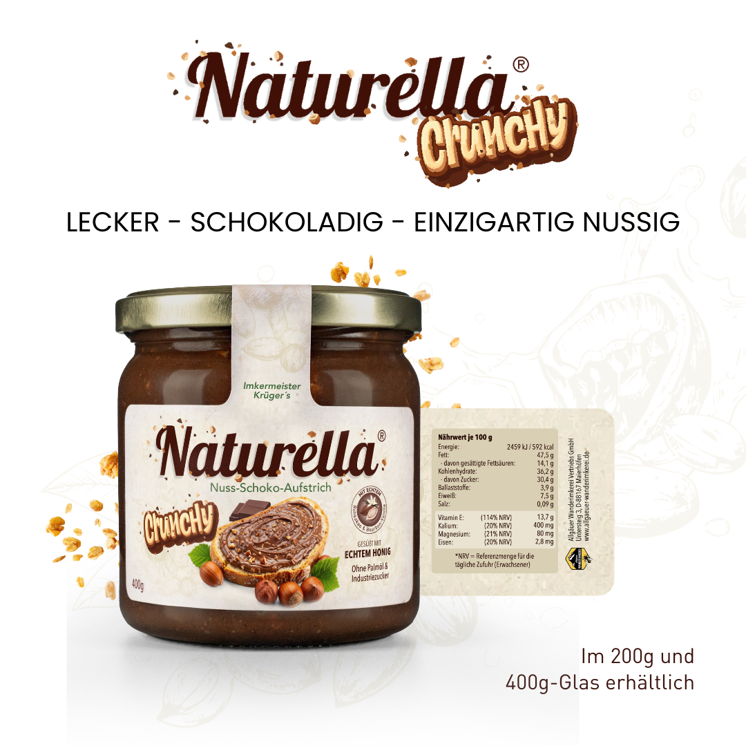 Naturbelassener Naturella Chrunchy Nuss-Schoko-Aufstrich mit echtem Imkerhonig gesüßt von der Allgäuer Wanderimkerei, Nährwerttabelle und Etikett-Rückseite