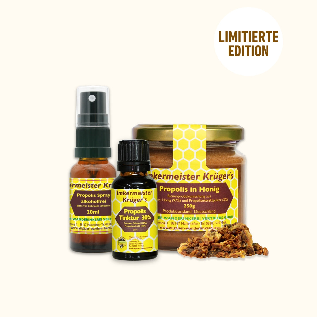 Propolis Starter-Set: 30% Propolis Tinktur 20ml, Propolis Spray alkoholfrei 20ml und Propolis in Honig 250g in einem Einsteiger-Set, direkt vom Imker, von der Allgäuer Wanderimkerei