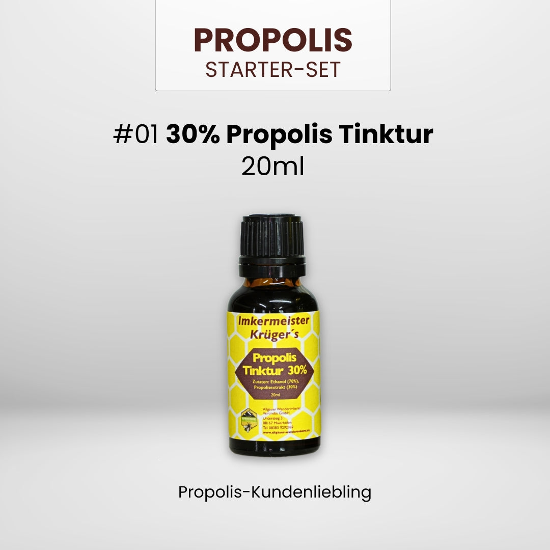 Propolis Starter-Set: 30% Propolis Tinktur 20ml, Propolis Spray alkoholfrei 20ml und Propolis in Honig 250g in einem Einsteiger-Set, direkt vom Imker, von der Allgäuer Wanderimkerei