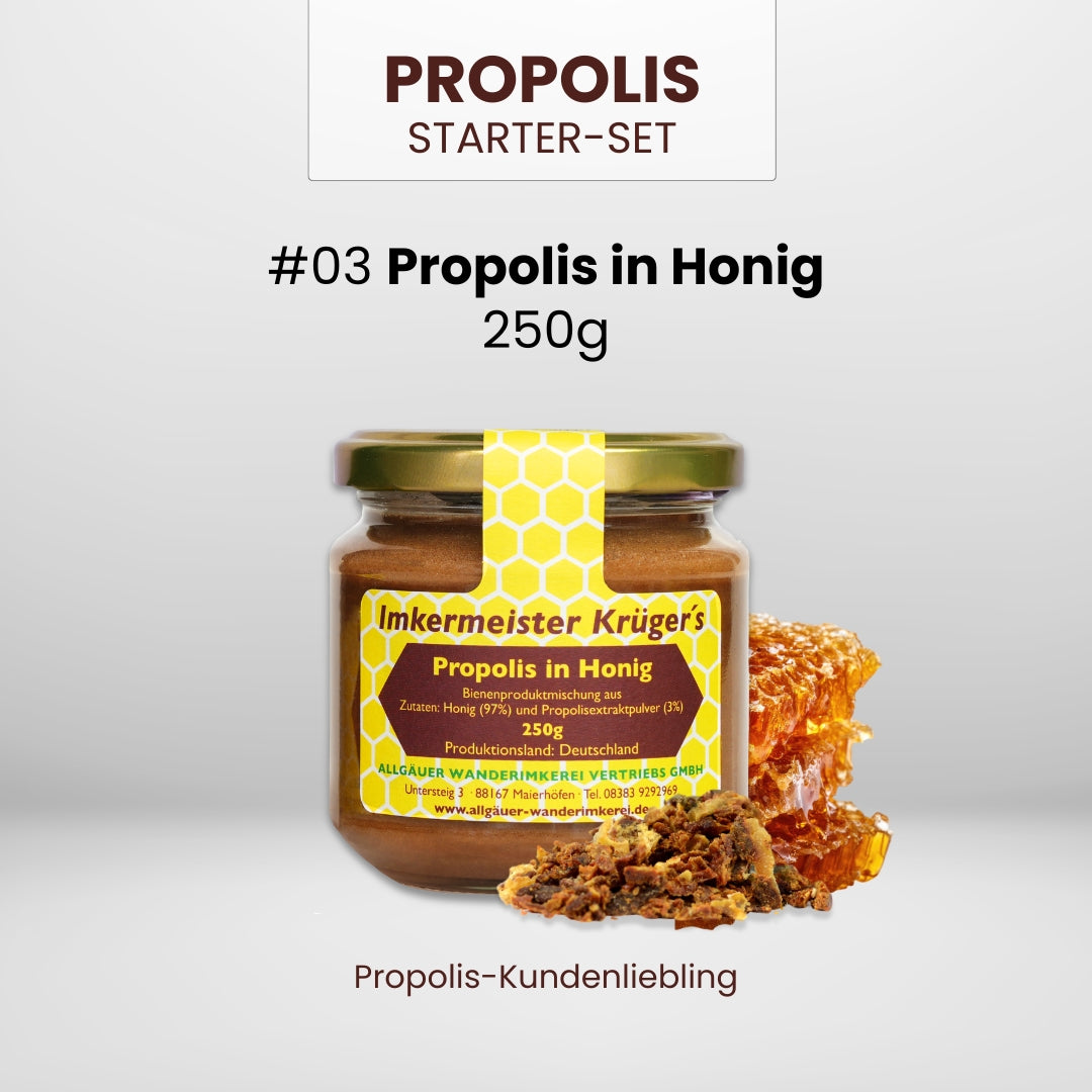 Propolis Starter-Set: 30% Propolis Tinktur 20ml, Propolis Spray alkoholfrei 20ml und Propolis in Honig 250g in einem Einsteiger-Set, direkt vom Imker, von der Allgäuer Wanderimkerei