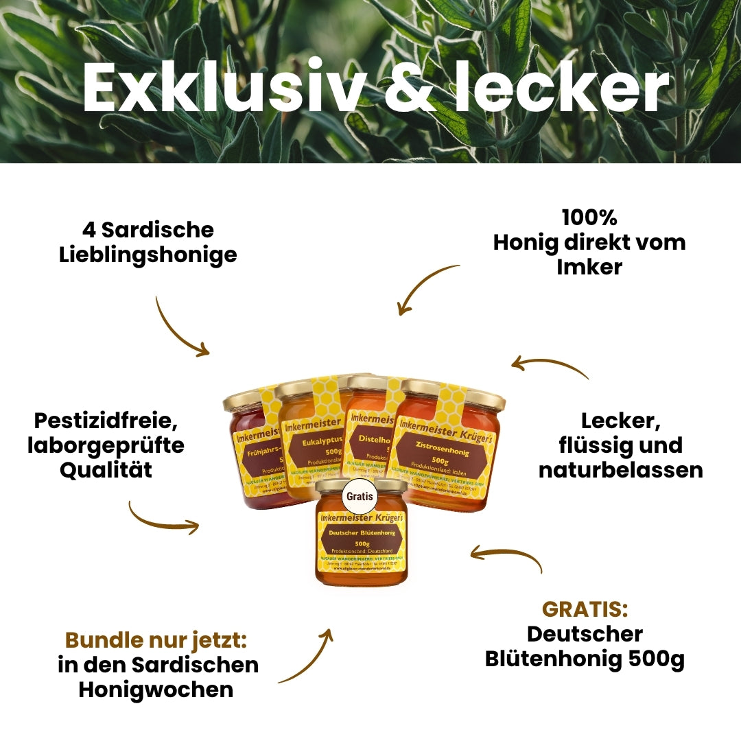Exklusiv und lecker, Sardisches Bestseller-Bundle: Distelhonig 500g, Frühjahrsblütenhonig 500g, Eukalyptushonig 500g, Zistrosenhonig 500g und Gratis Deutscher Blütenhonig von der Allgäuer Wanderimkerei, nur für kurze Zeit