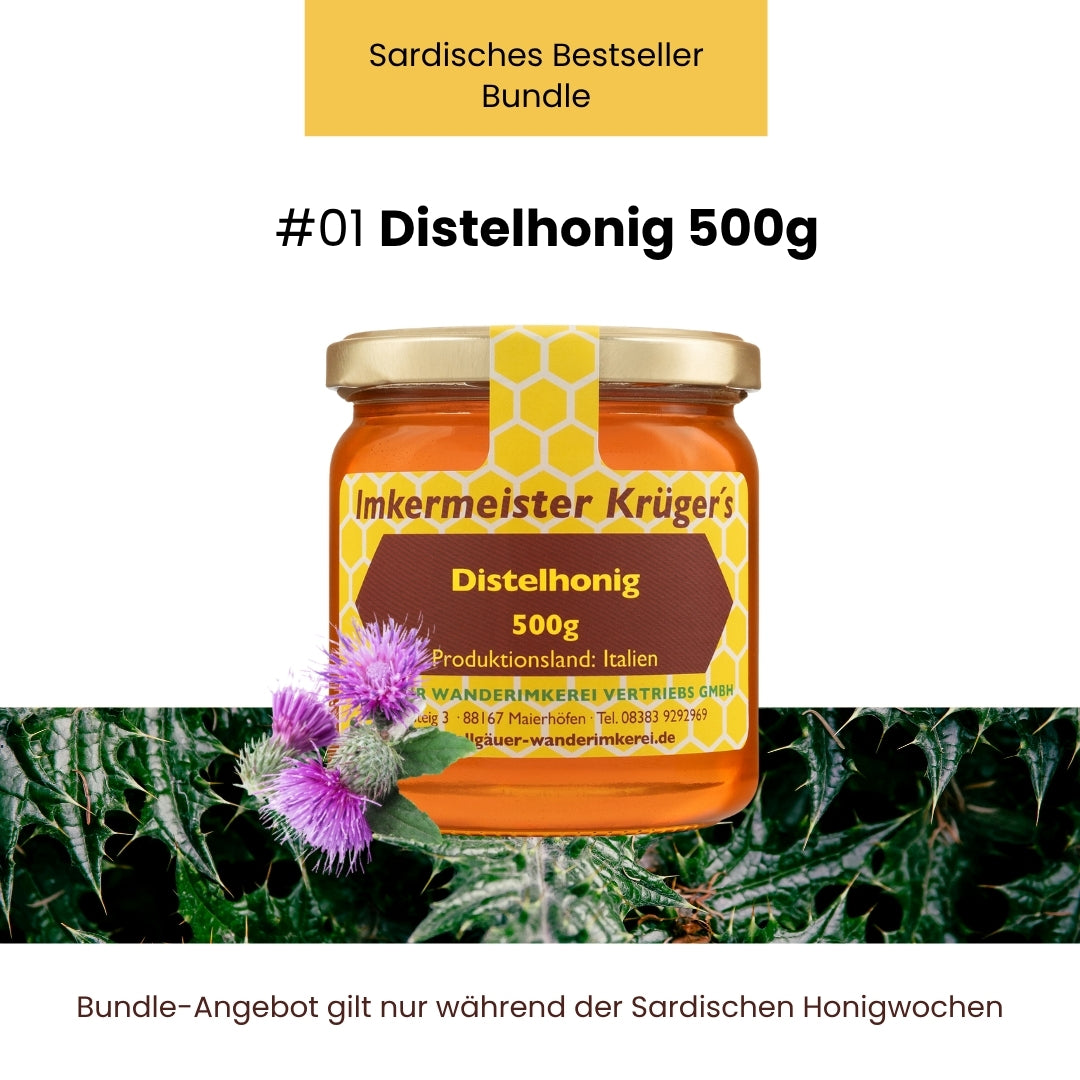 Sardisches Bestseller-Bundle: Distelhonig 500g, Frühjahrsblütenhonig 500g, Eukalyptushonig 500g, Zistrosenhonig 500g und Gratis Deutscher Blütenhonig von der Allgäuer Wanderimkerei, nur für kurze Zeit_01