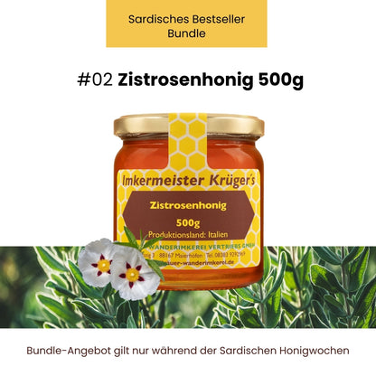 Sardisches Bestseller-Bundle: Distelhonig 500g, Frühjahrsblütenhonig 500g, Eukalyptushonig 500g, Zistrosenhonig 500g und Gratis Deutscher Blütenhonig von der Allgäuer Wanderimkerei, nur für kurze Zeit_02