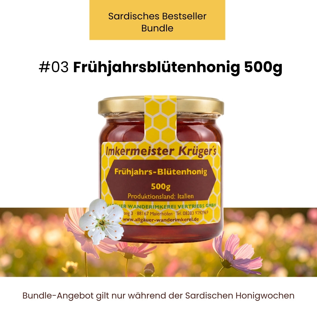 Sardisches Bestseller-Bundle: Distelhonig 500g, Frühjahrsblütenhonig 500g, Eukalyptushonig 500g, Zistrosenhonig 500g und Gratis Deutscher Blütenhonig von der Allgäuer Wanderimkerei, nur für kurze Zeit_03