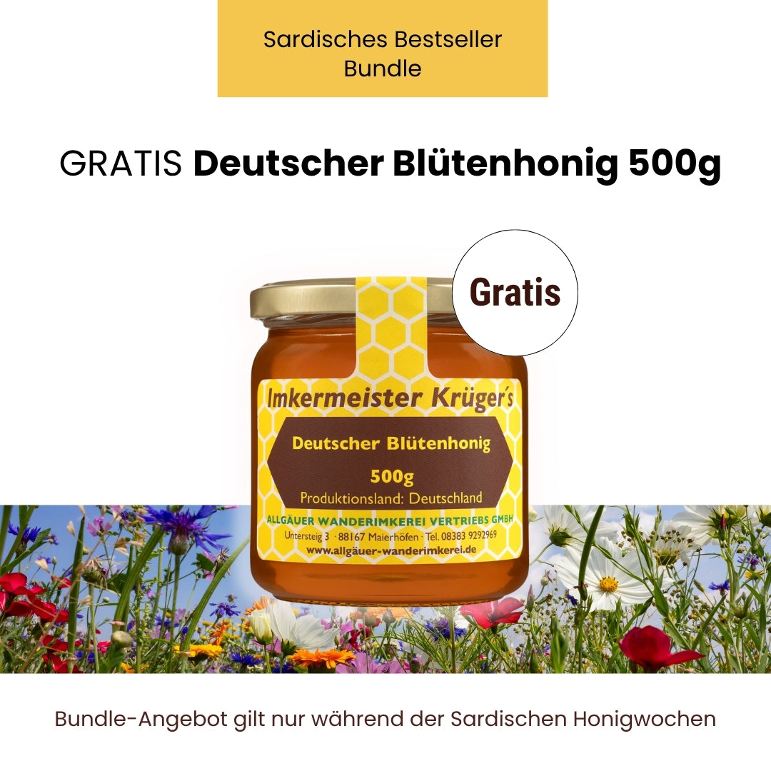 Sardisches Bestseller-Bundle: Distelhonig 500g, Frühjahrsblütenhonig 500g, Eukalyptushonig 500g, Zistrosenhonig 500g und Gratis Deutscher Blütenhonig von der Allgäuer Wanderimkerei, nur für kurze Zeit_05
