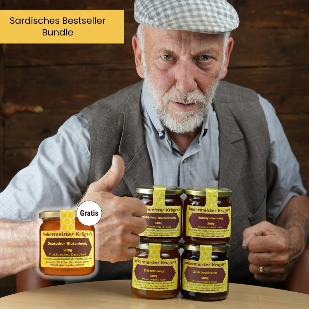 Sardisches Bestseller-Bundle: Distelhonig 500g, Frühjahrsblütenhonig 500g, Eukalyptushonig 500g, Zistrosenhonig 500g und Gratis Deutscher Blütenhonig von der Allgäuer Wanderimkerei mit Imkermeister Rainer Krüger, nur für kurze Zeit
