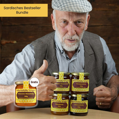Sardisches Bestseller-Bundle: Distelhonig 500g, Frühjahrsblütenhonig 500g, Eukalyptushonig 500g, Zistrosenhonig 500g und Gratis Deutscher Blütenhonig von der Allgäuer Wanderimkerei mit Imkermeister Rainer Krüger, nur für kurze Zeit
