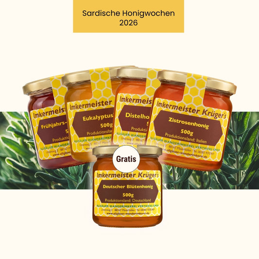 Sardisches Bestseller-Bundle: Distelhonig 500g, Frühjahrsblütenhonig 500g, Eukalyptushonig 500g, Zistrosenhonig 500g und Gratis Deutscher Blütenhonig von der Allgäuer Wanderimkerei, nur für kurze Zeit
