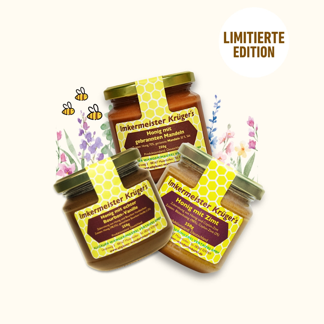 Süßes Entdecker-Set mit Honig mit echter Bourbon-Vanille, Honig mit Zimt, Honig mit gebrannten Mandeln, limitierte Edition von der Allgäuer Wanderimkerei, direkt vom Imker