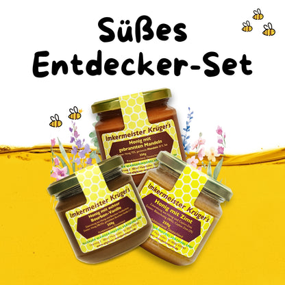 Süßes Entdecker-Set mit Honig mit echter Bourbon-Vanille, Zimt mit Honig, Honig mit gebrannten Mandeln, limitierte Edition von der Allgäuer Wanderimkerei, direkt vom Imker