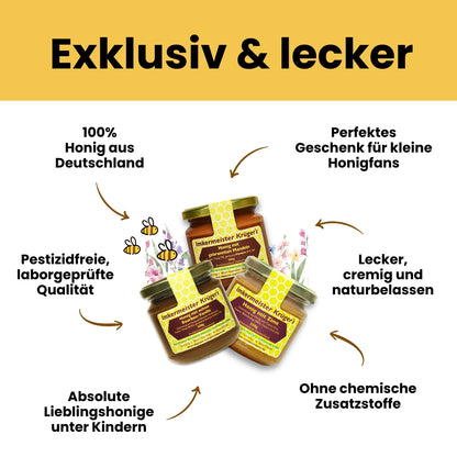 Süßes Entdecker-Set mit Honig mit echter Bourbon-Vanille, Honig mit Zimt, Honig mit gebrannten Mandeln, limitierte Edition von der Allgäuer Wanderimkerei, direkt vom Imker, lecker und Exklusiv
