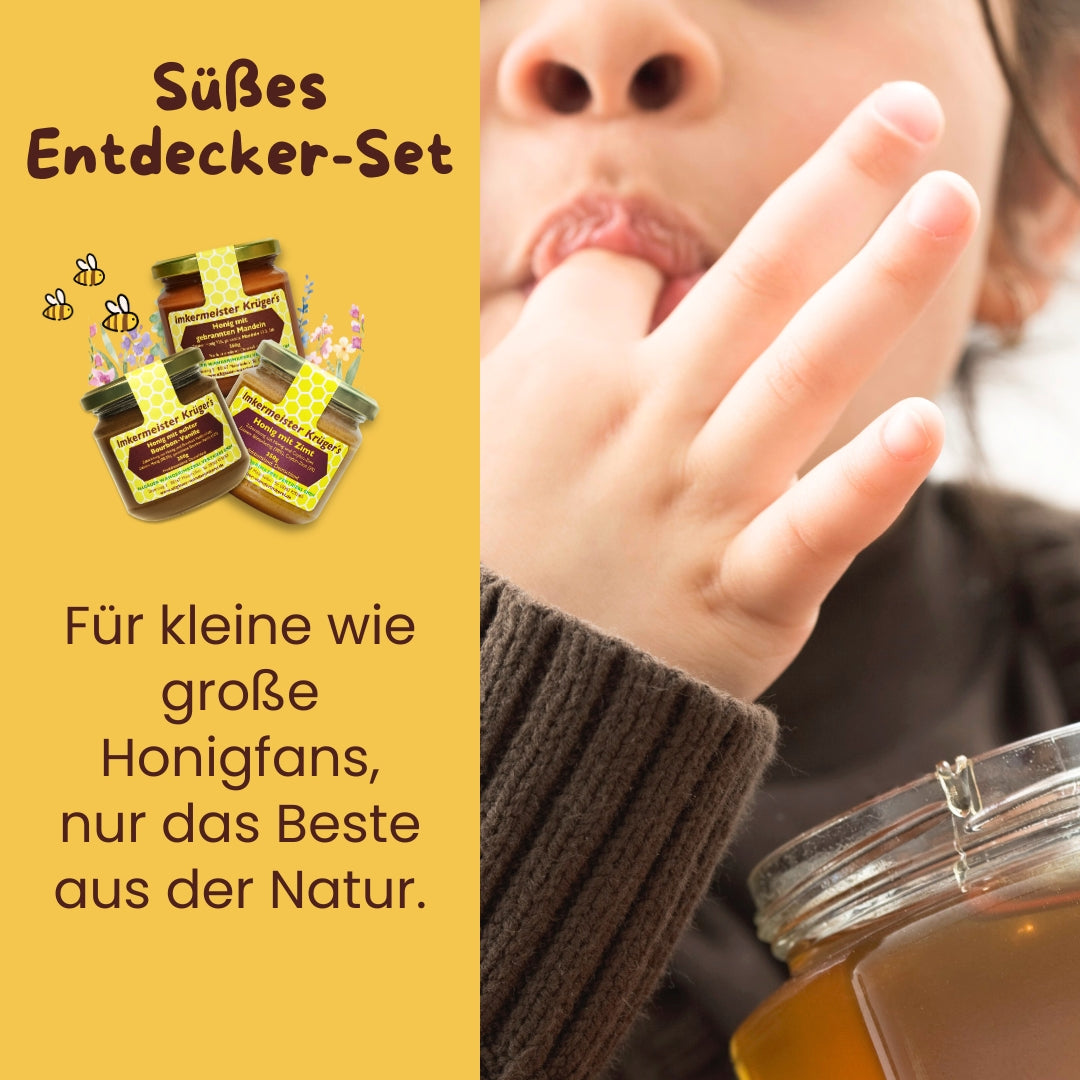 Süßes Entdecker-Set mit Honig mit echter Bourbon-Vanille, Honig mit Zimt, Honig mit gebrannten Mandeln, limitierte Edition von der Allgäuer Wanderimkerei