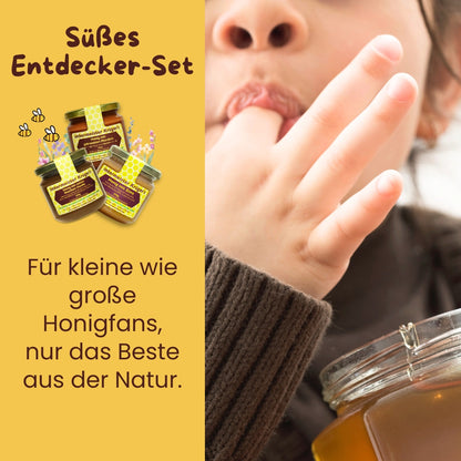 Süßes Entdecker-Set mit Honig mit echter Bourbon-Vanille, Honig mit Zimt, Honig mit gebrannten Mandeln, limitierte Edition von der Allgäuer Wanderimkerei