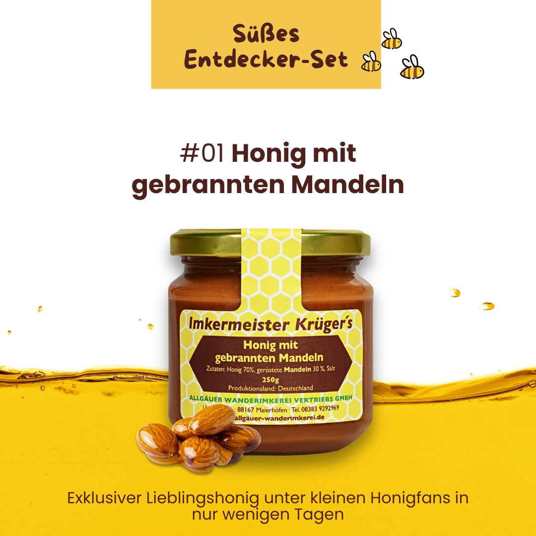 Süßes Entdecker-Set mit Honig mit Honig mit gebrannten Mandeln, limitierte Edition von der Allgäuer Wanderimkerei, direkt vom Imker