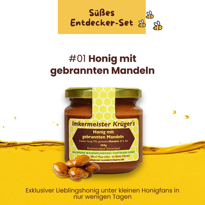 Süßes Entdecker-Set mit Honig mit Honig mit gebrannten Mandeln, limitierte Edition von der Allgäuer Wanderimkerei, direkt vom Imker