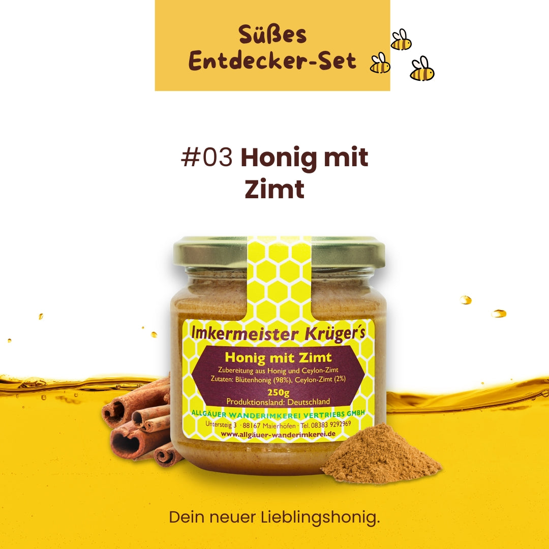 Süßes Entdecker-Set mit Honig mit Honig mit Zimt limitierte Edition von der Allgäuer Wanderimkerei, direkt vom Imker