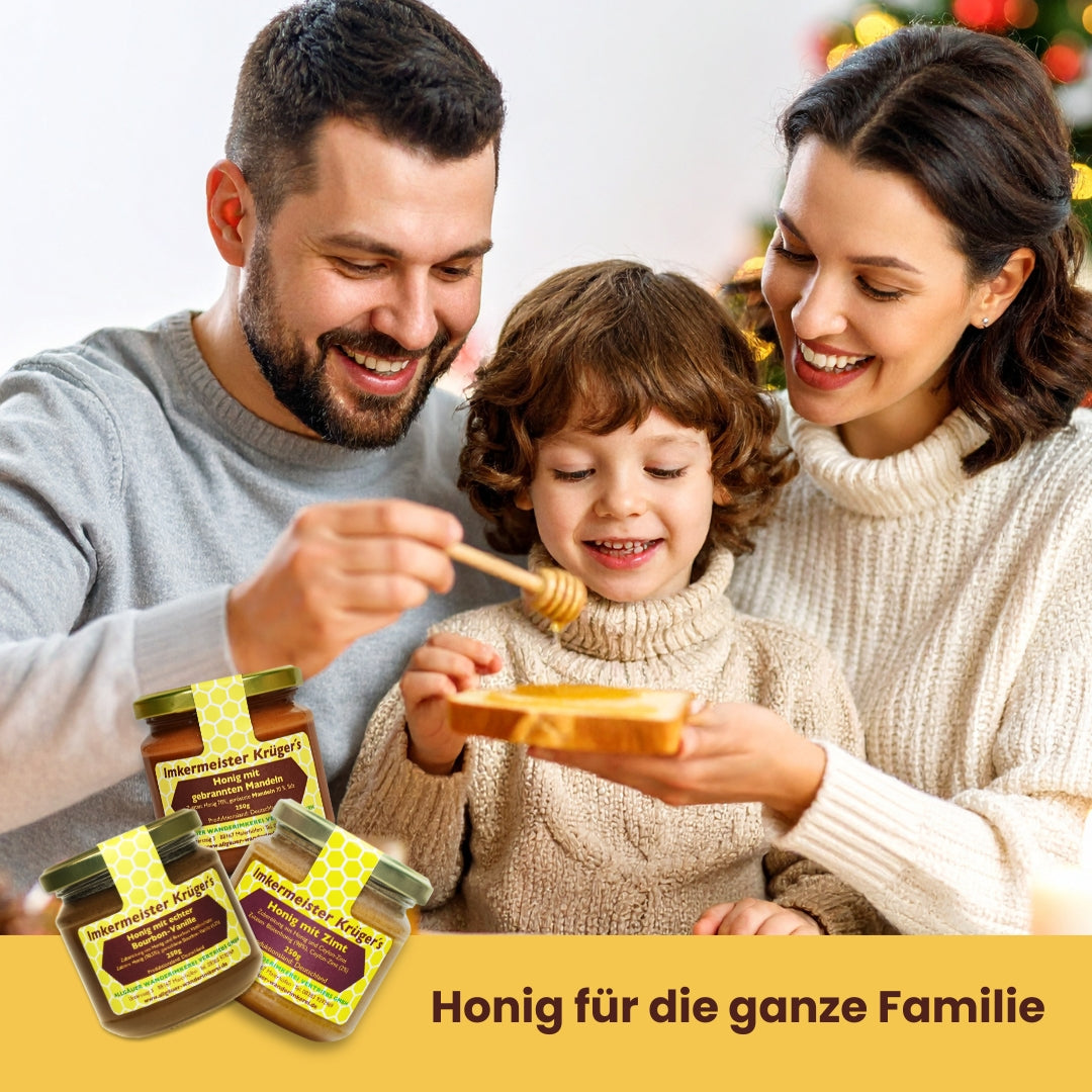 Süßes Entdecker-Set mit Honig mit echter Bourbon-Vanille, Honig mit Zimt, Honig mit gebrannten Mandeln, limitierte Edition von der Allgäuer Wanderimkerei, direkt vom Imker