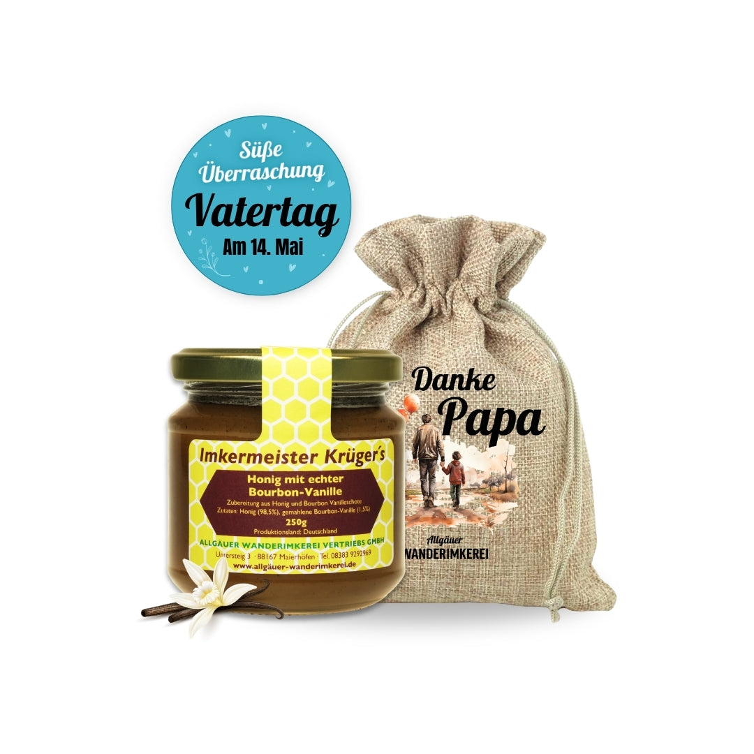 Verpacke den Honig mit echter Bourbon-Vanille im stilvollen Geschenksäckchen mit dem Aufdruck Danke Papa zum Vatertag, von der Allgäuer Wanderimkerei