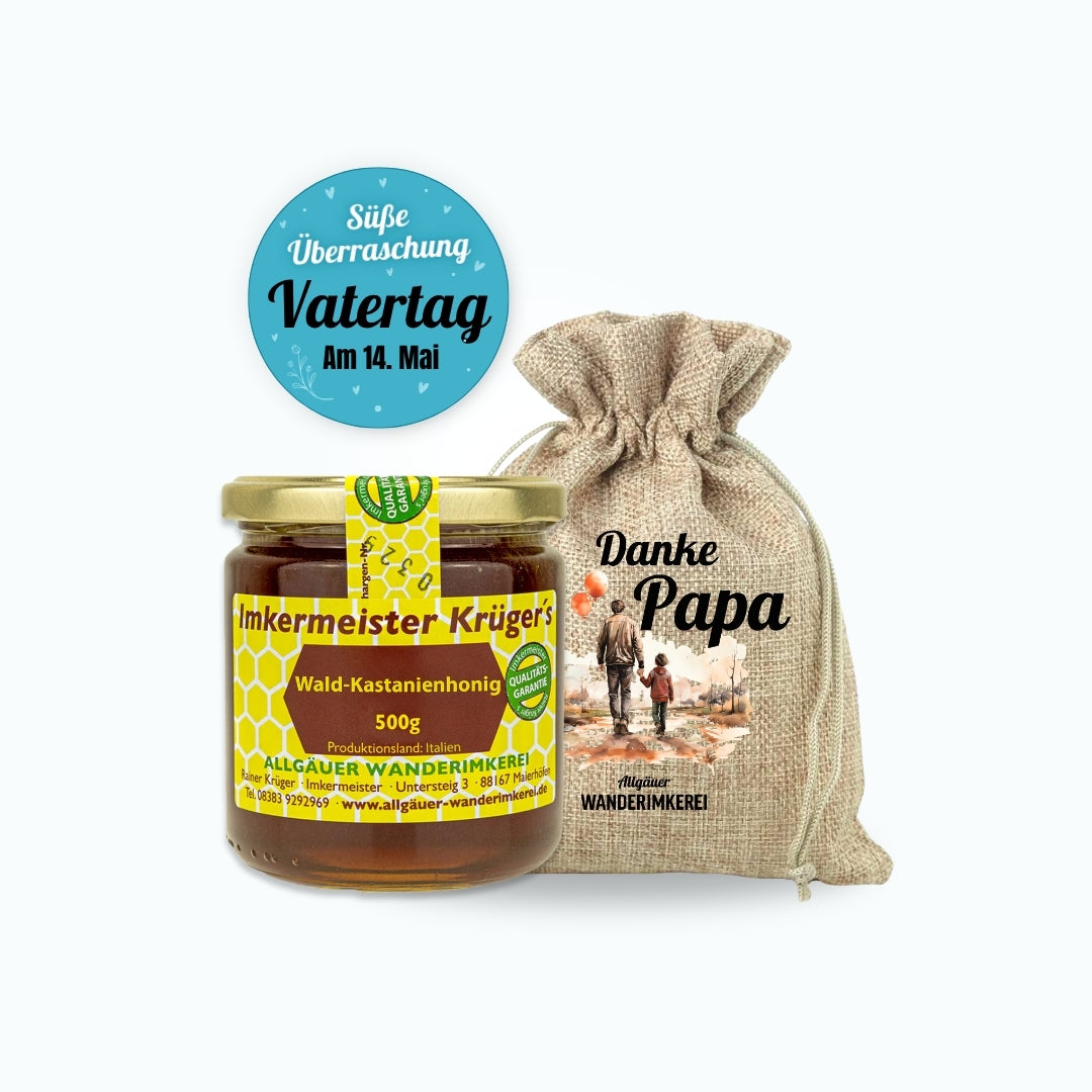 Kräftiger Wald-Kastanienhonig mit Geschenksäckchen Danke Papa zum Vatertag verschenken von der Allgäuer Wanderimkerei