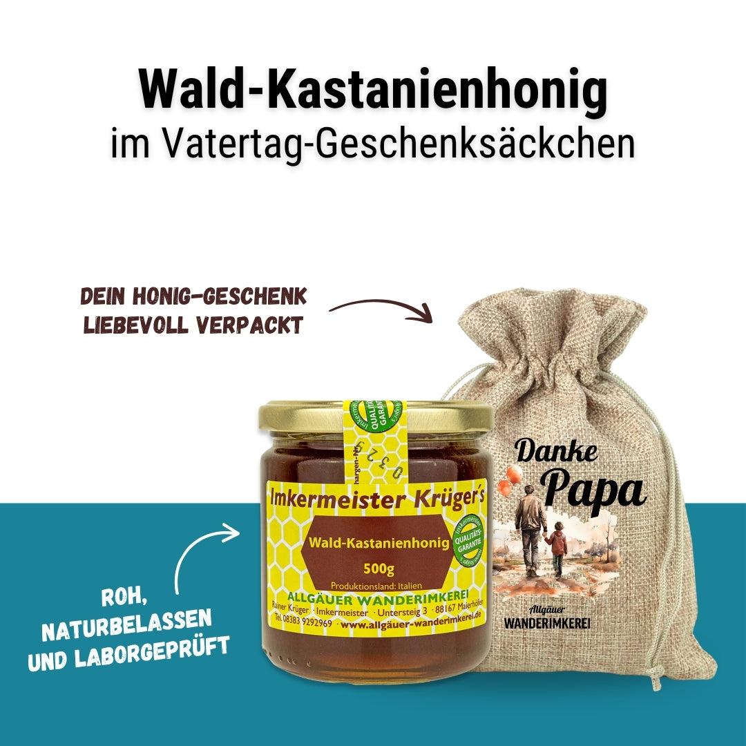 Kräftiger Wald-Kastanienhonig mit Geschenksäckchen Danke Papa zum Vatertag verschenken von der Allgäuer Wanderimkerei