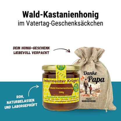 Kräftiger Wald-Kastanienhonig mit Geschenksäckchen Danke Papa zum Vatertag verschenken von der Allgäuer Wanderimkerei