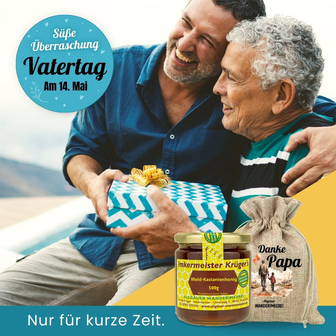 Kräftiger Wald-Kastanienhonig mit Geschenksäckchen Danke Papa zum Vatertag verschenken von der Allgäuer Wanderimkerei