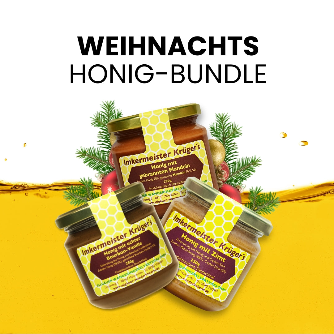 Weihnachts-Honig-Bundle mit Honig mit echter Bourbon-Vanille, Zimt mit Honig, Honig mit gebrannten Mandeln, limitierte Winter-Edition von der Allgäuer Wanderimkerei, direkt vom Imker