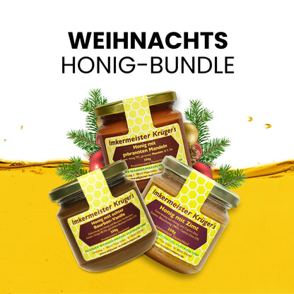 Weihnachts-Honig-Bundle mit Honig mit echter Bourbon-Vanille, Zimt mit Honig, Honig mit gebrannten Mandeln, limitierte Winter-Edition von der Allgäuer Wanderimkerei, direkt vom Imker