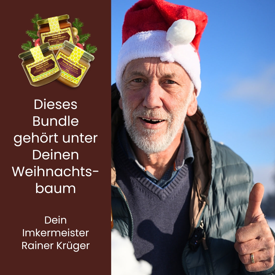 Weihnachts-Honig-Bundle mit Honig mit echter Bourbon-Vanille, Zimt mit Honig, Honig mit gebrannten Mandeln, limitierte Winter-Edition von der Allgäuer Wanderimkerei, direkt vom Imker