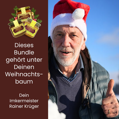Weihnachts-Honig-Bundle mit Honig mit echter Bourbon-Vanille, Zimt mit Honig, Honig mit gebrannten Mandeln, limitierte Winter-Edition von der Allgäuer Wanderimkerei, direkt vom Imker