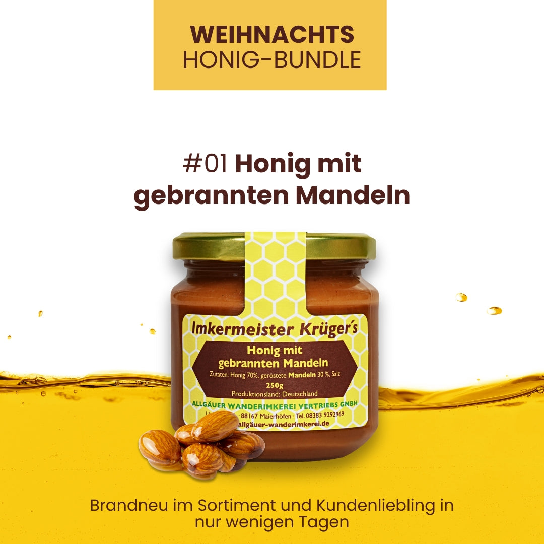 Weihnachts-Honig-Bundle mit Honig mit echter Bourbon-Vanille, Zimt mit Honig, Honig mit gebrannten Mandeln, limitierte Winter-Edition von der Allgäuer Wanderimkerei, direkt vom Imker