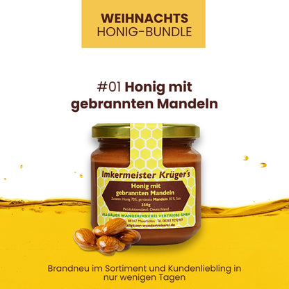 Weihnachts-Honig-Bundle mit Honig mit echter Bourbon-Vanille, Zimt mit Honig, Honig mit gebrannten Mandeln, limitierte Winter-Edition von der Allgäuer Wanderimkerei, direkt vom Imker
