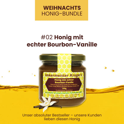 Weihnachts-Honig-Bundle mit Honig mit echter Bourbon-Vanille, Zimt mit Honig, Honig mit gebrannten Mandeln, limitierte Winter-Edition von der Allgäuer Wanderimkerei, direkt vom Imker