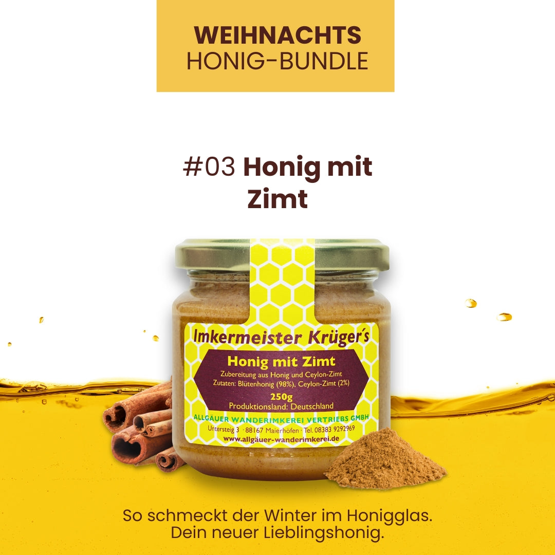 Weihnachts-Honig-Bundle mit Honig mit echter Bourbon-Vanille, Zimt mit Honig, Honig mit gebrannten Mandeln, limitierte Winter-Edition von der Allgäuer Wanderimkerei, direkt vom Imker