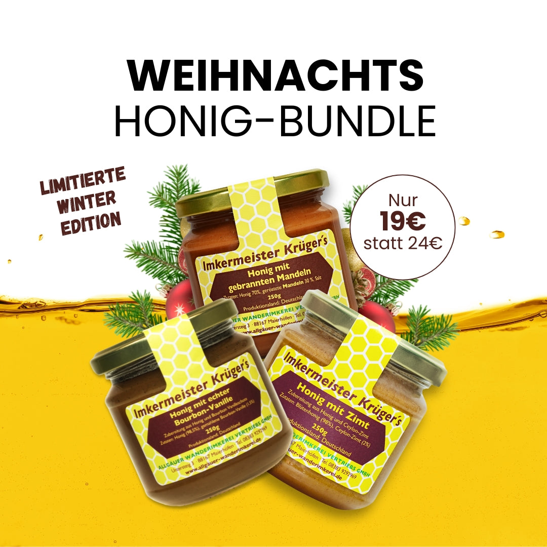Weihnachts-Honig-Bundle mit Honig mit echter Bourbon-Vanille, Zimt mit Honig, Honig mit gebrannten Mandeln, limitierte Winter-Edition von der Allgäuer Wanderimkerei, direkt vom Imker