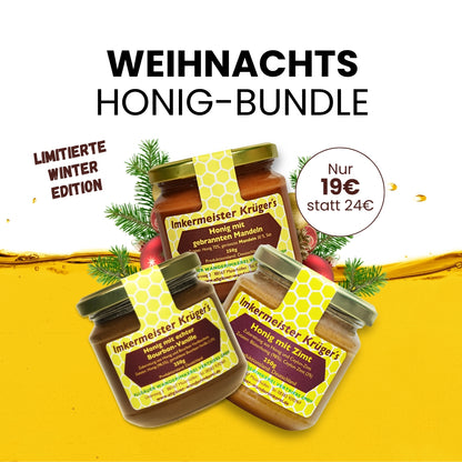 Weihnachts-Honig-Bundle mit Honig mit echter Bourbon-Vanille, Zimt mit Honig, Honig mit gebrannten Mandeln, limitierte Winter-Edition von der Allgäuer Wanderimkerei, direkt vom Imker