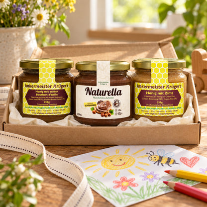 Kleine Helden Genuss-Trio mit Honig mit echter Bourbon-Vanille 250g, Honig mit Zimt 250g und Naturella 200g in einem Set zum reduzierten Preis von 20€ statt 24€, nur für kurze Zeit zum Weltkindertag von der Allgäuer Wanderimkerei
