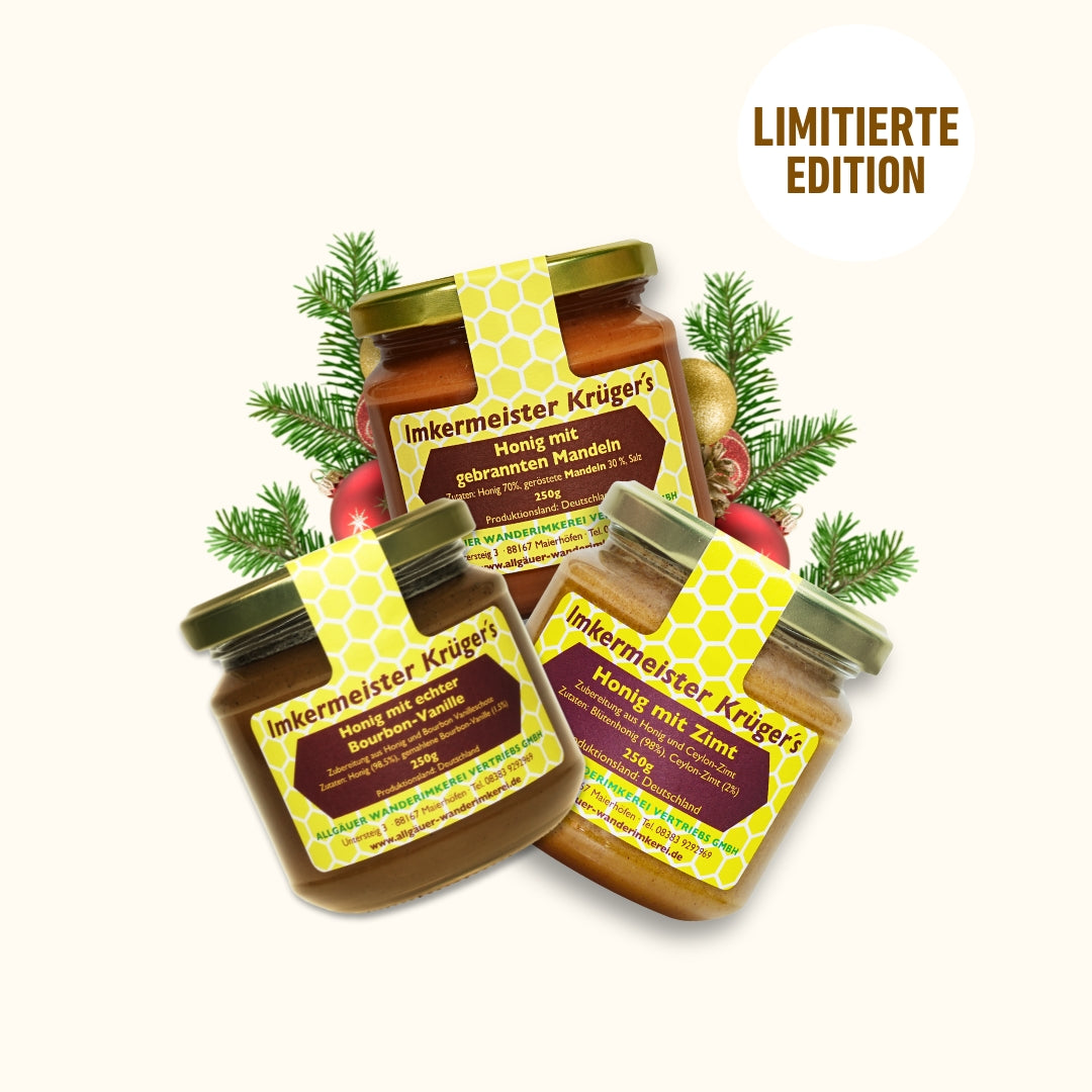 Weihnachts-Honig-Bundle mit Honig mit echter Bourbon-Vanille, Zimt mit Honig, Honig mit gebrannten Mandeln, limitierte Winter-Edition von der Allgäuer Wanderimkerei, direkt vom Imker
