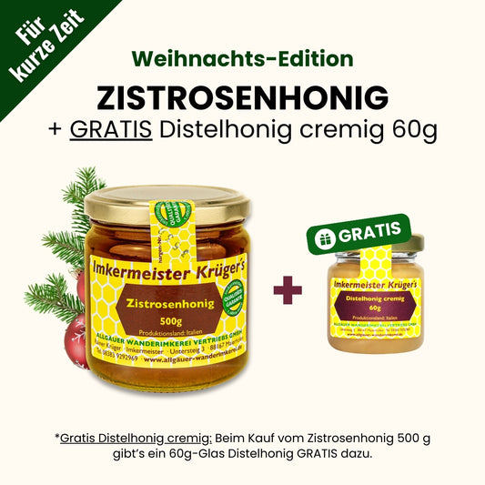 Seltener Zistrosenhonig 500g aus Italien und GRATIS Distelhonig cremig 60g von der Allgäuer Wanderimkerei