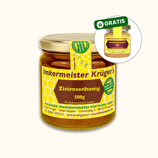 Seltener Zistrosenhonig 500g aus Italien und Gratis Distelhonig cremig 60g von der Allgäuer Wanderimkerei