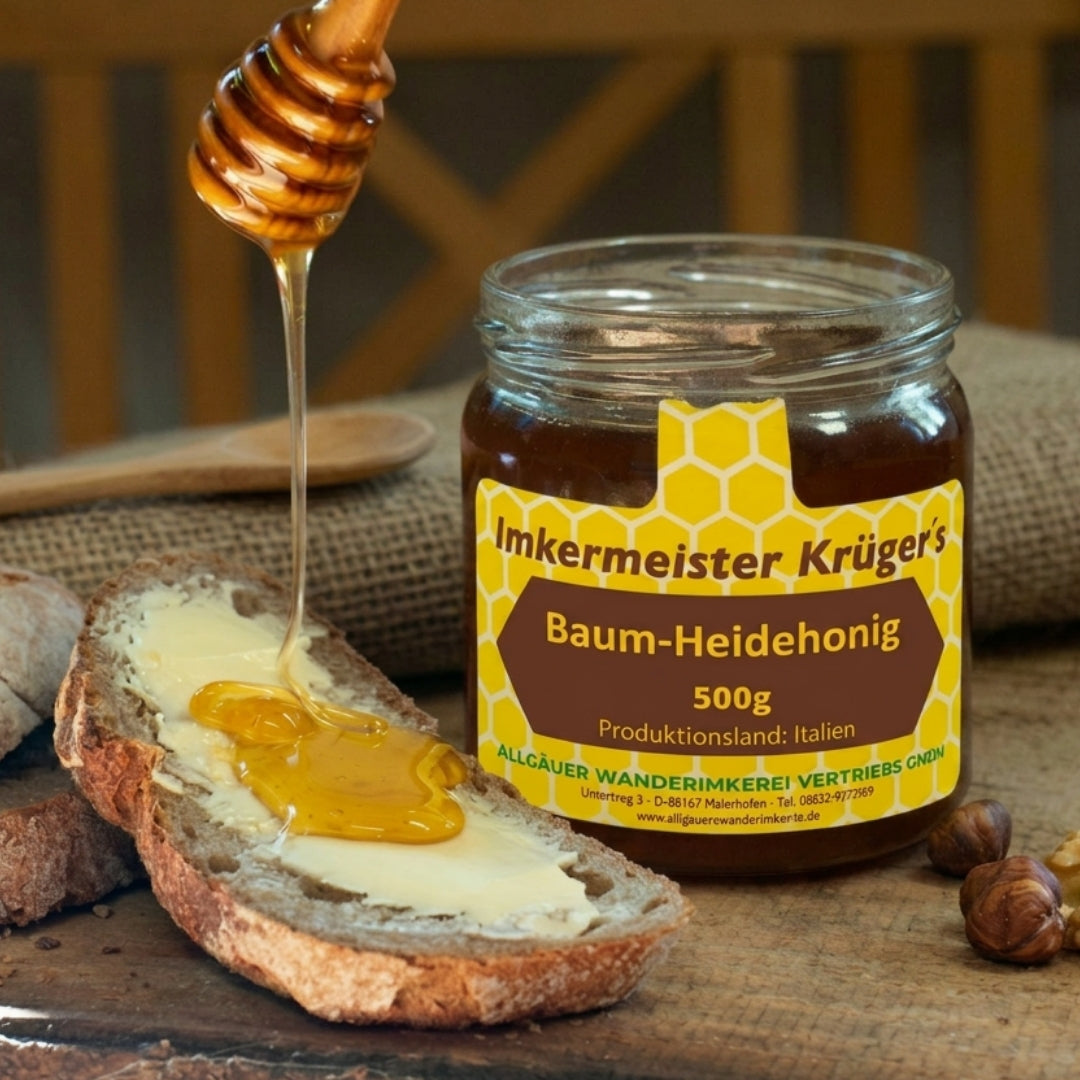 Seltener Baumheide-Honig 500g aus Italien, aus naturbelassenen Standorten, Laborgeprüft und direkt vom Imker, Honigbrot, Allgäuer Wanderimkerei