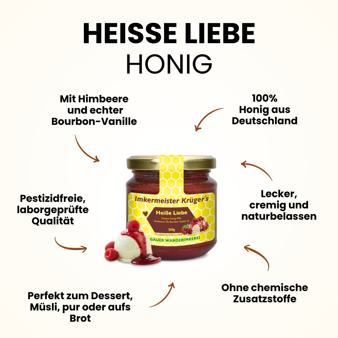 Heiße Liebe Honig mit Himbeeren und Bourbon-Vanille direkt vom Imker, 250g, Allgäuer Wanderimkerei