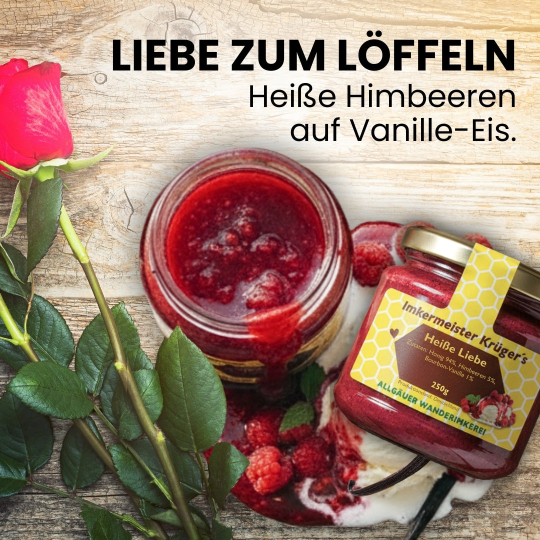 Heiße Liebe Honig mit Himbeeren und Bourbon-Vanille direkt vom Imker, 250g, Allgäuer Wanderimkerei