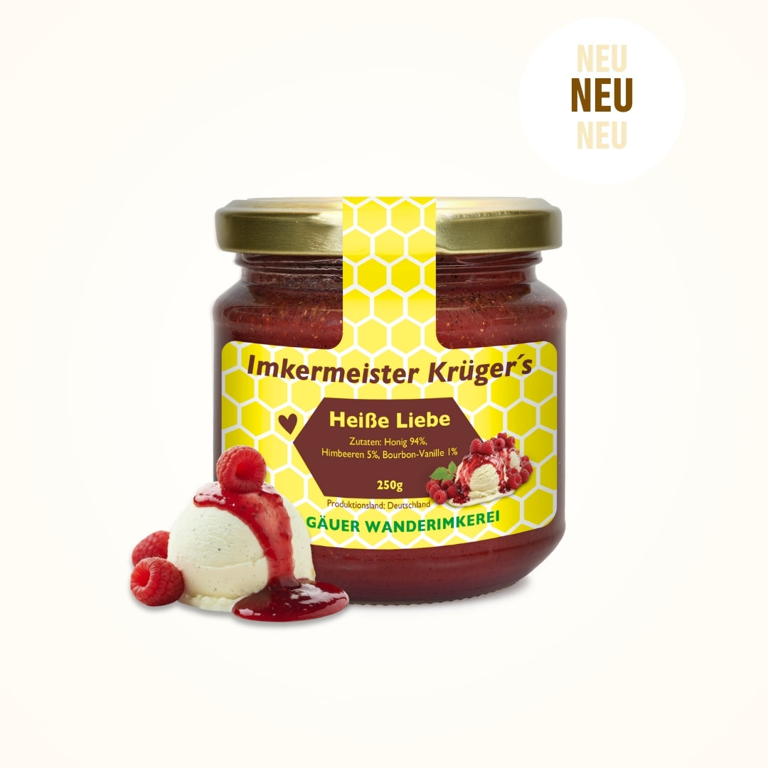 Heiße Liebe Honig mit Himbeeren und Bourbon-Vanille direkt vom Imker, 250g, Allgäuer Wanderimkerei