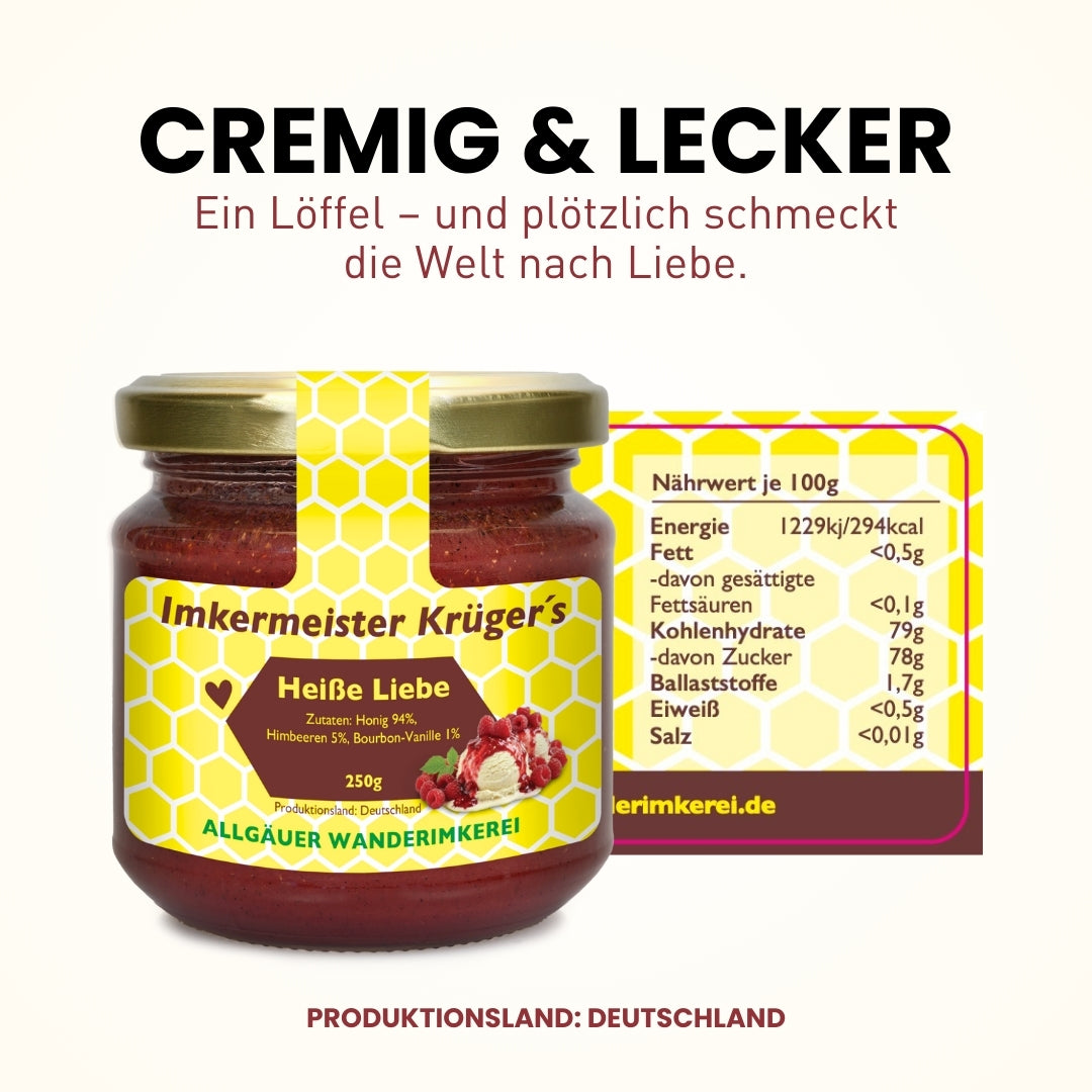 Heiße Liebe Honig mit Himbeeren und Bourbon-Vanille direkt vom Imker, 250g, Allgäuer Wanderimkerei